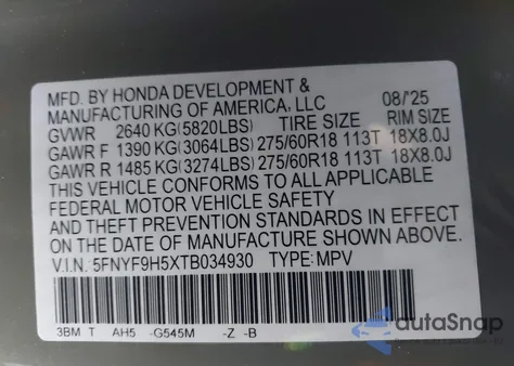 2026 Honda Passport Awd Trailsport/Awd Trailsport Blackout из США, поврежденный, VIN 5FNYF9H5XTB034930